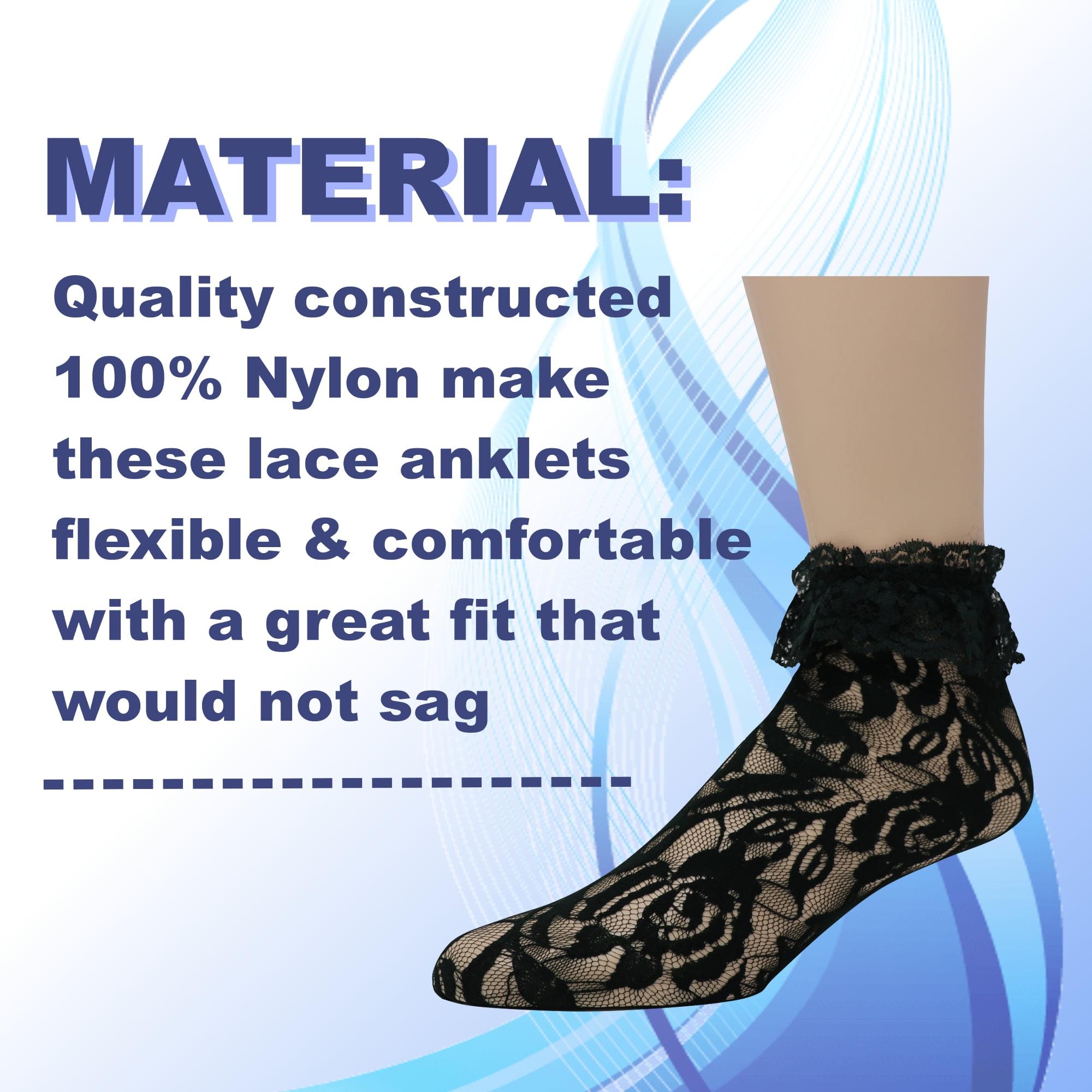 EMEM Apparel Women's Ladies Lace Anklet Ankle Quarter Socks Stockings with Ruffle Black 9-11