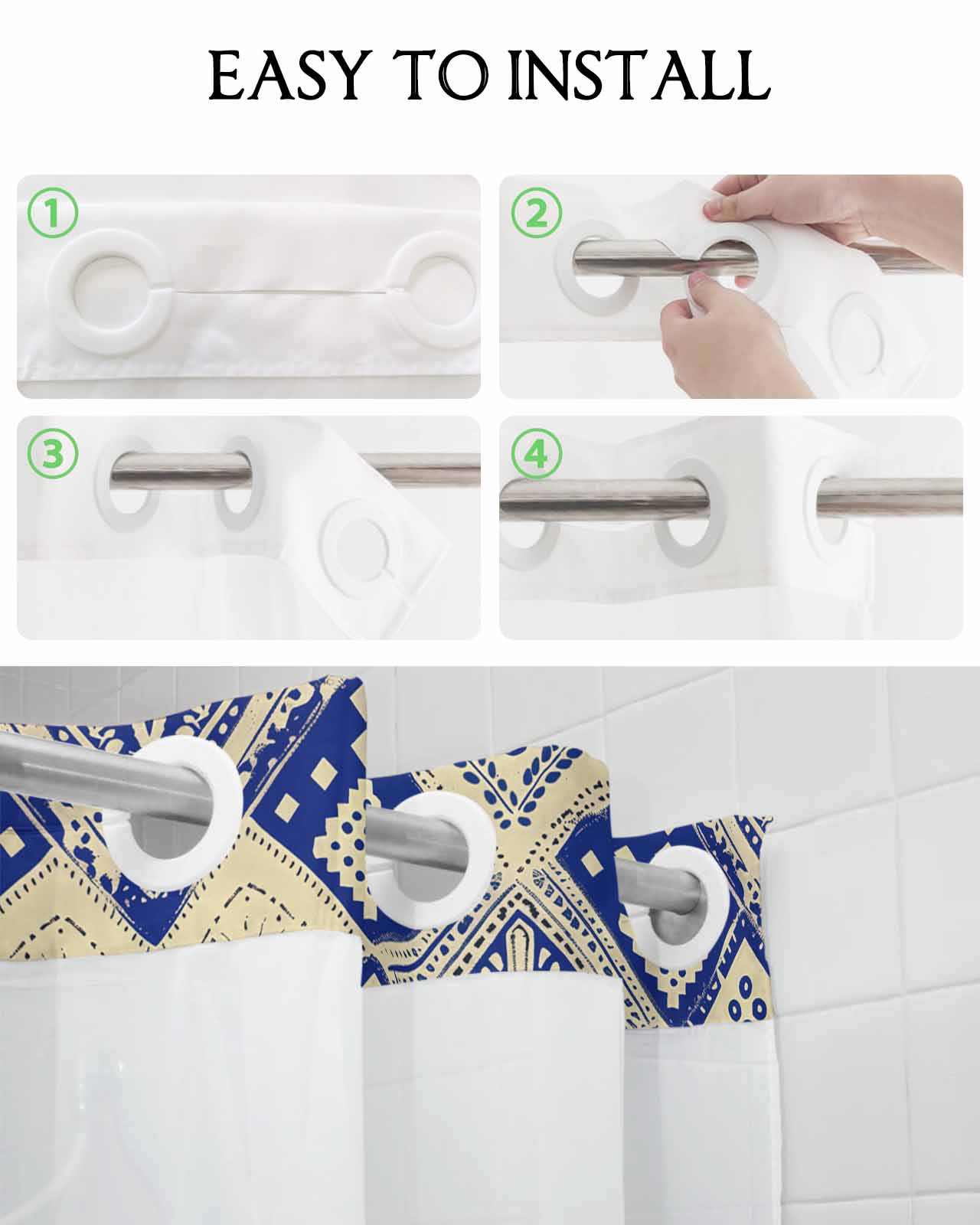 No Hook Shower Curtain with Snap in Liner, Boho Blue Watercolor Flower Rhombus Polka Dot Hotel Shower Curtains for Bathroom, Washable Shower Curtain Liner Set with Mesh Top Window, 60"x72"