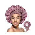 thumbnail image 1 of wonima11 Silk Satin Bonnet for Sleeping Women, Double-Layer Sleep Cap Shower Cap with Adjustable Tie, Moisture Retaining Satin Lined Hair Bonnet for Curly and Natural Hair (Blush Pink/Pink, Large), 1 of 1