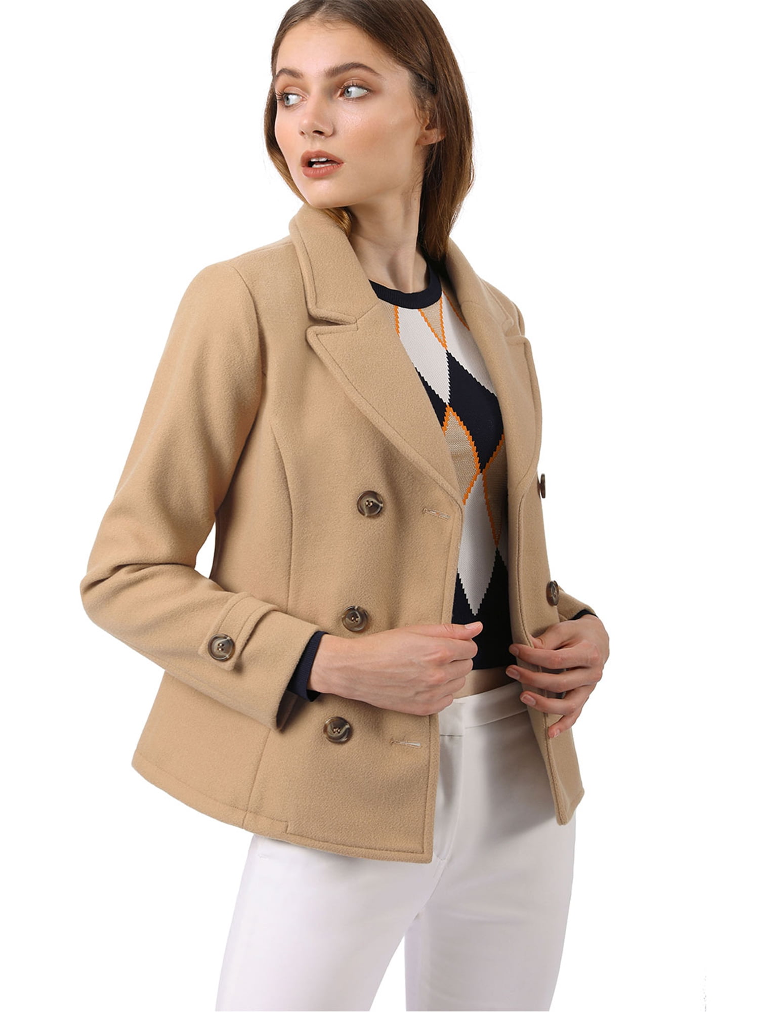 Unique Bargains Women's Double Breasted Pea Coat (Size M / 10) Camel