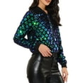 thumbnail image 4 of INSPIRE CHIC Women's  Sequin Stand Collar Long Sleeve Zipper Cropped Bomber Jacket L Green, 4 of 7
