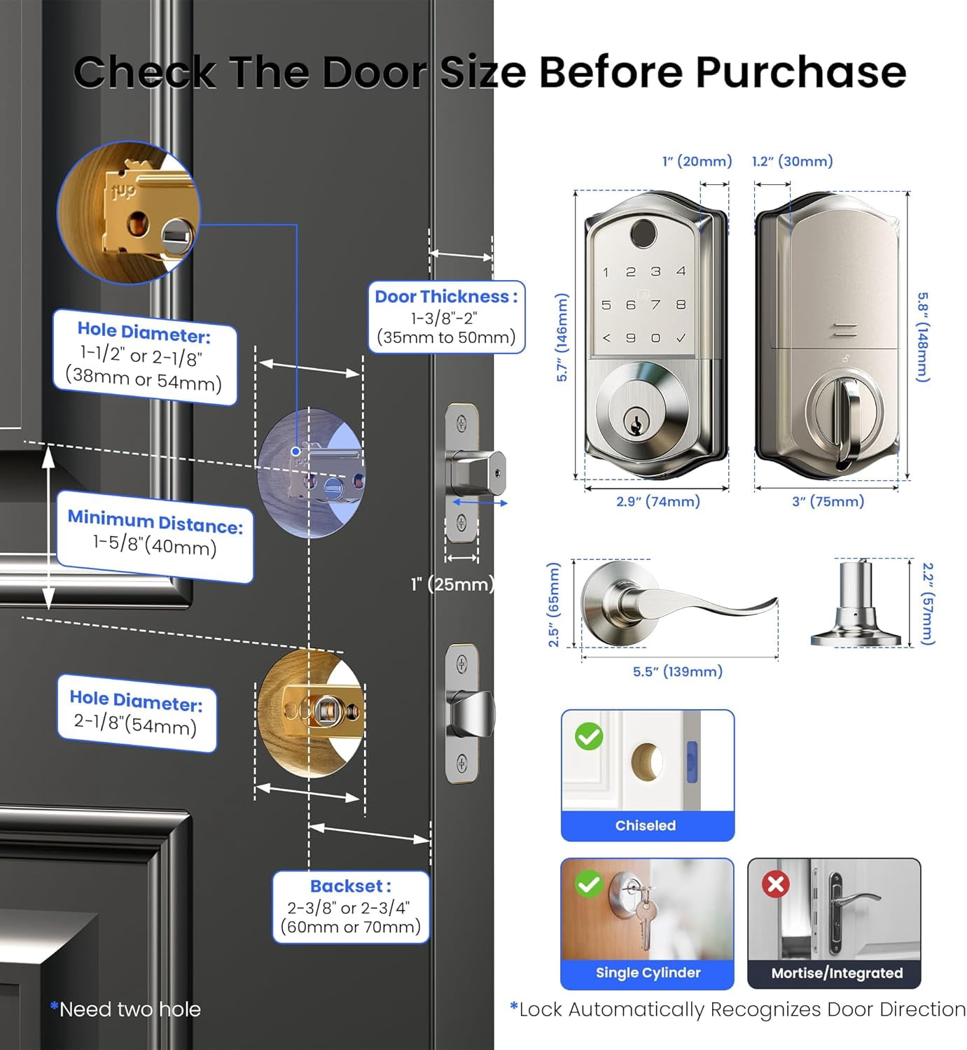 Veise Fingerprint Smart Lock with 2 Lever Handles, Keyless Entry Front Door Lock Set, App Control, Electronic Digital Keypad Deadbolt, Satin Nickel