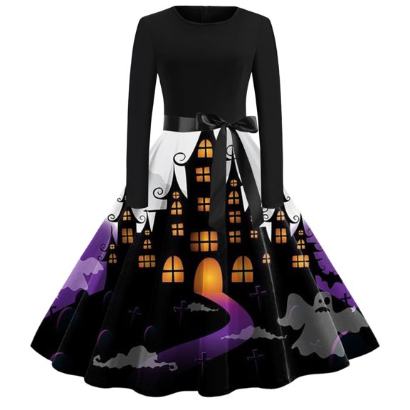 Gunia Women Halloween Dresses Festival Trendy Halloween Print Graphic Dresses With Tie Comfortable Elegant For Party Soft Clothes Purple