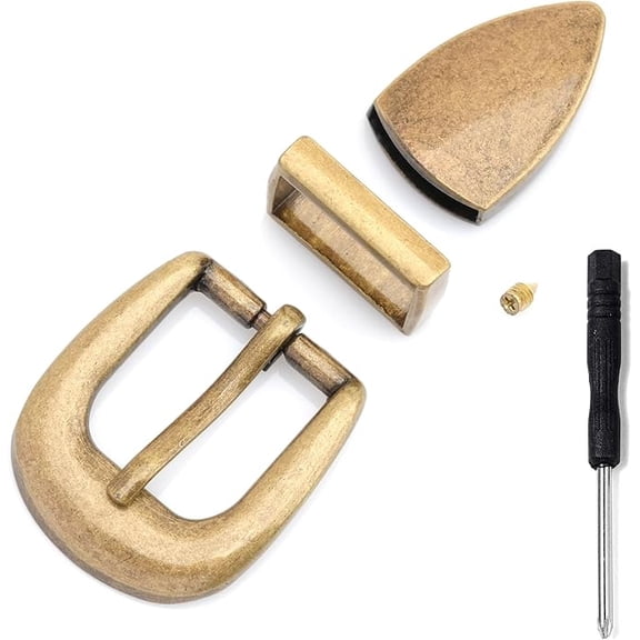 Minimal Vintage Belt Buckle Set, 3-Piece, 3/4 Inch Width, Screw-On Design HRBK PT120 (Antique Brass, 3/4 Inch)