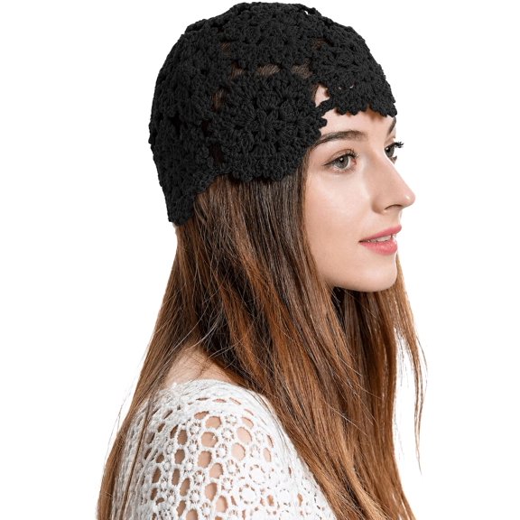 SHILINLANG Women Cotton Crochet Hat Boho Flower Knit Beanie Hollow Skull Cap Handmade Style Summer Beach Travel Cap