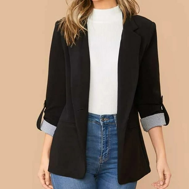 blazer jackets for women 3/4 sleeves notch lapel coat rolled up sleeve blazer single button suit