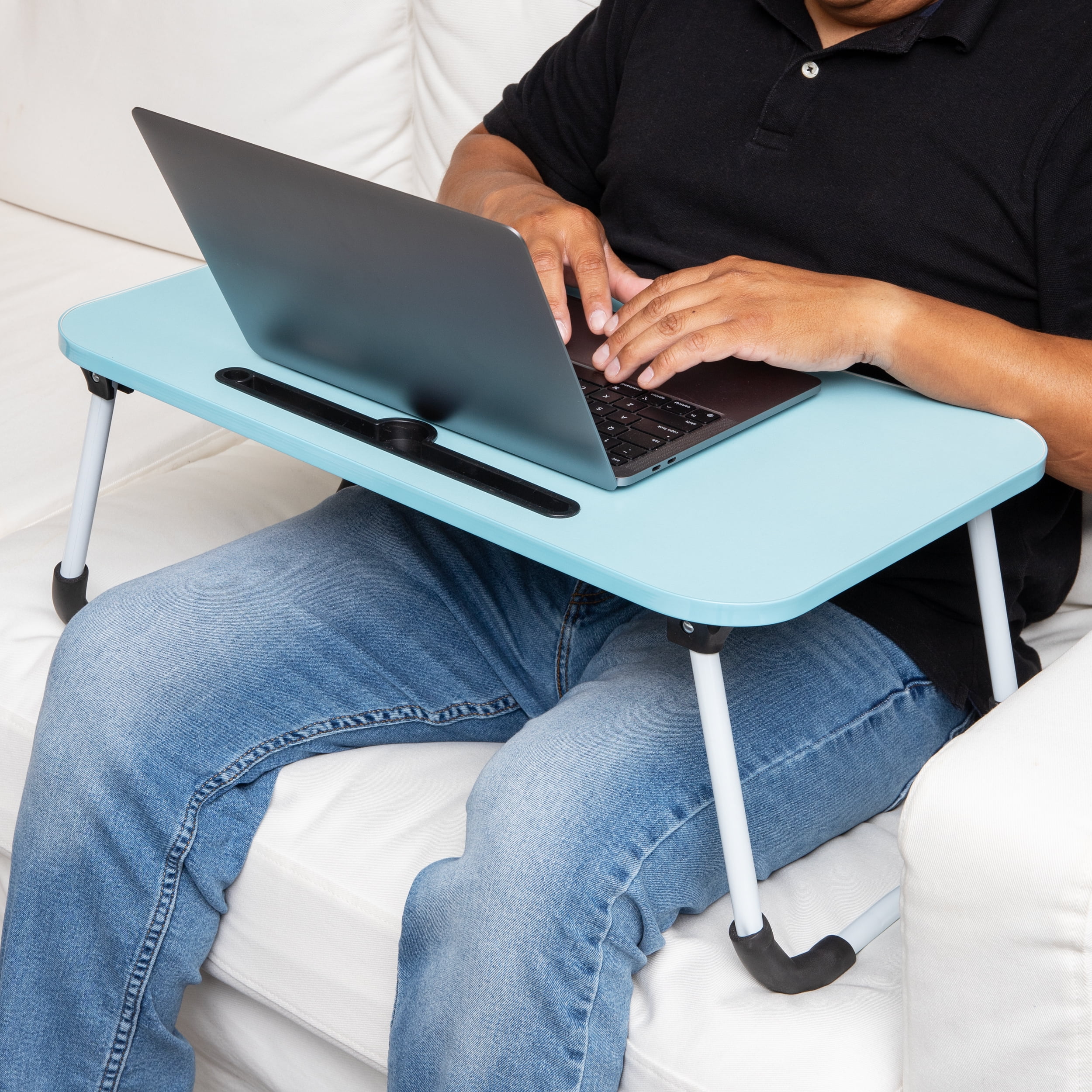 Mind Reader Foldable Bed Tray, Lap Desk with Fold-Up Legs, Freestanding Portable Table for Laptop, Tablet, Reading, Blue