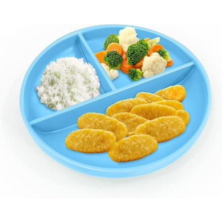 Satiety Suction Plates for Babies - Silicone Baby and Toddler Plates - 3 Compartment Spill Proof - First Stage Feeding Supplies for Kids - Microwave and Dishwasher Safe Light Blue