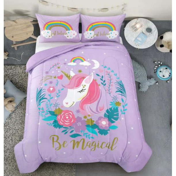 Rainbows Girls Twin Comforter Set, Purple Twin Bed Comforter