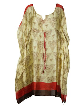 Mogul Women Beige,Red Caftan Tunic Dress Recycled Silk Sari Printed Resort Wear Beach Cover Up Housedress Holiday Kaftan One Size