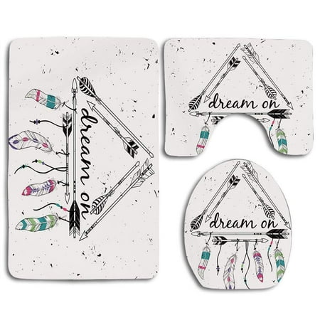 Contour Triangle - GOHAO Indie Boho Style Tribal Ethnic Arrows Triangle Shape Dream on Hand Writing Feathers 3 Piece Bathroom Rugs Set Bath Rug Contour Mat and Toilet Lid Cover