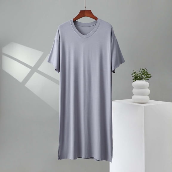 Ahabrexf Bathrobes for Men Soft,Short Sleeve V-Neck Solid Color Loose Nightgown Home Wear