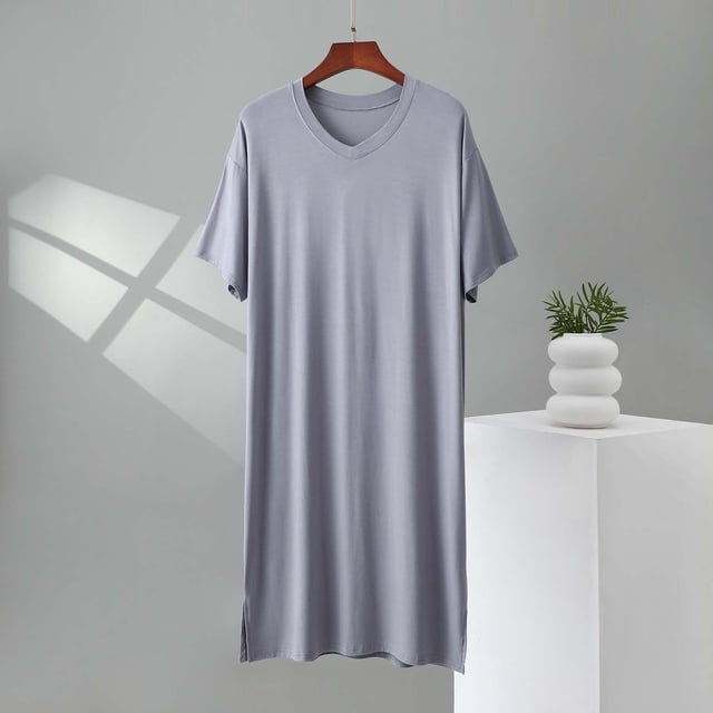 Men's Solid Color V-Neck Short Sleeve Nightgown Robe with Lace Trim and Belt for Home Wear