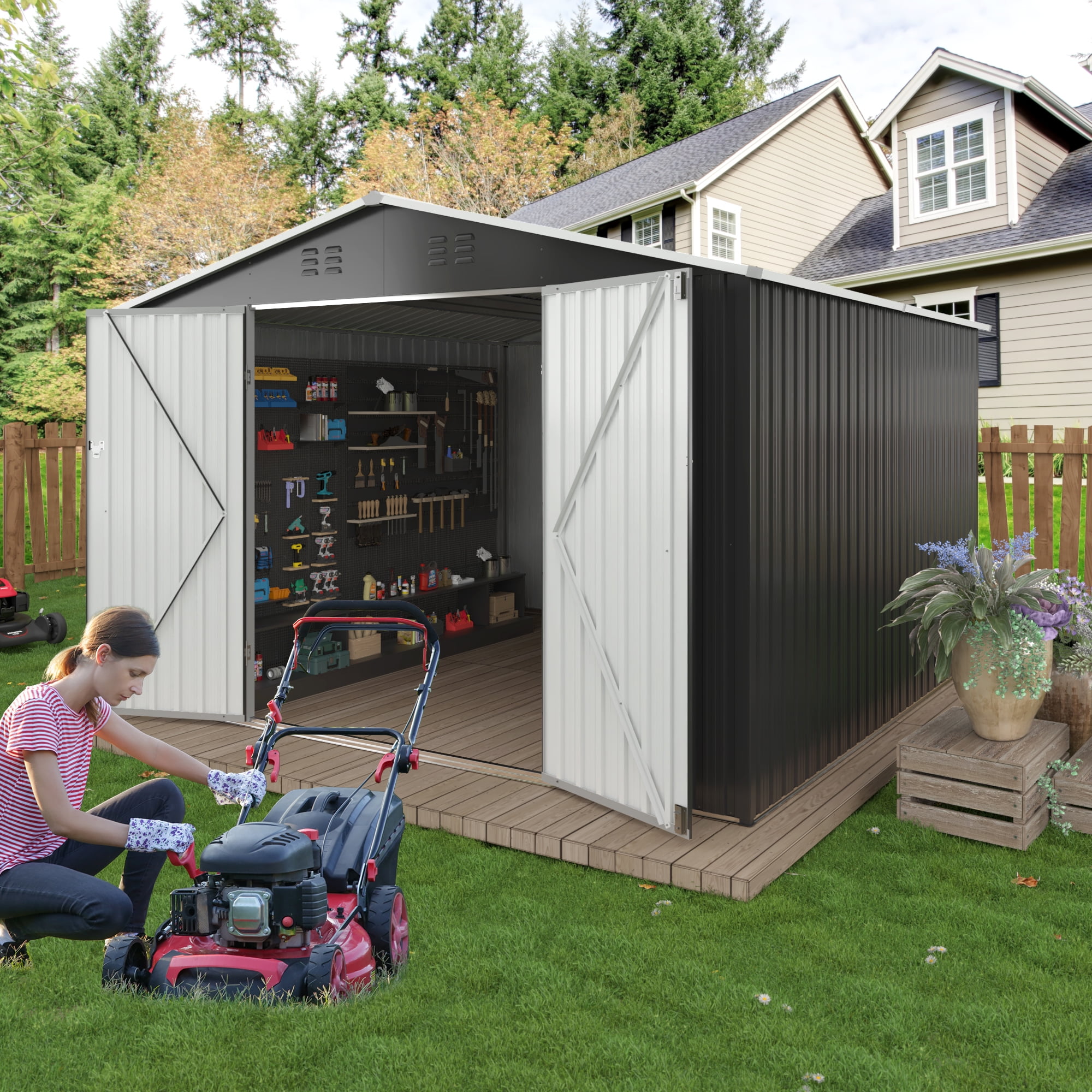 NETAJE 10'x10' Outdoor Metal Shed with Updated Frame, Lockable Doors & Sliding Roof for Backyard, Garden, Gray