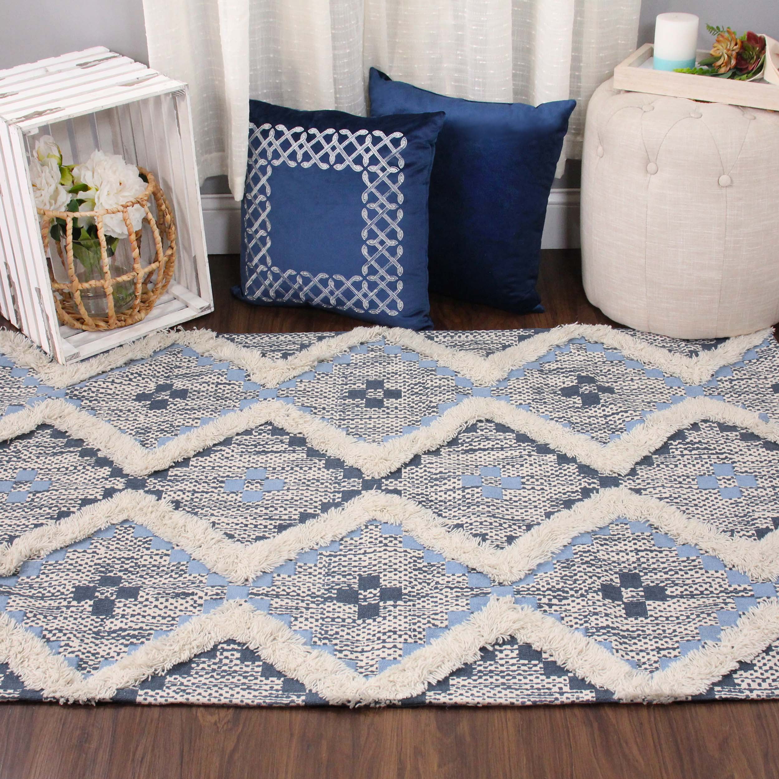 Superior Evren Hand-Tufted Cotton/Wool Textured Geometric Stone Blue/Midnight Blue Farmhouse Area Rug, 3' x 5'