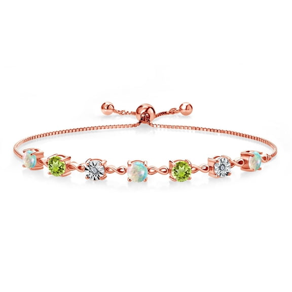 Gem Stone King 2.61 Ct Round Cabochon White Simulated Opal Green Peridot 18K Rose Gold Plated Silver Lab Grown Diamond Tennis Bracelet for Women (Fully Adjustable up to 9 inch)