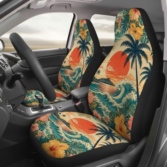 Emacom Ltd Hawaiian Surf Car Seat Covers Set, Tropical Beach Sunset Auto Seat Protectors, Floral Ocean Wave Vehicle Interior Accessories