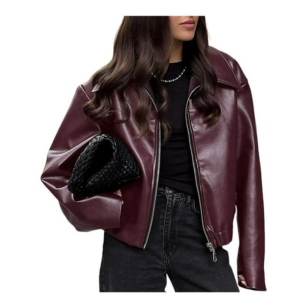 Chaqueta de para Mujer, Larga, Cremallera, Abrigos de Imitación de Gran Tamaño, Conjuntos de Moda de Otoño e Invierno. Vino Tinto L