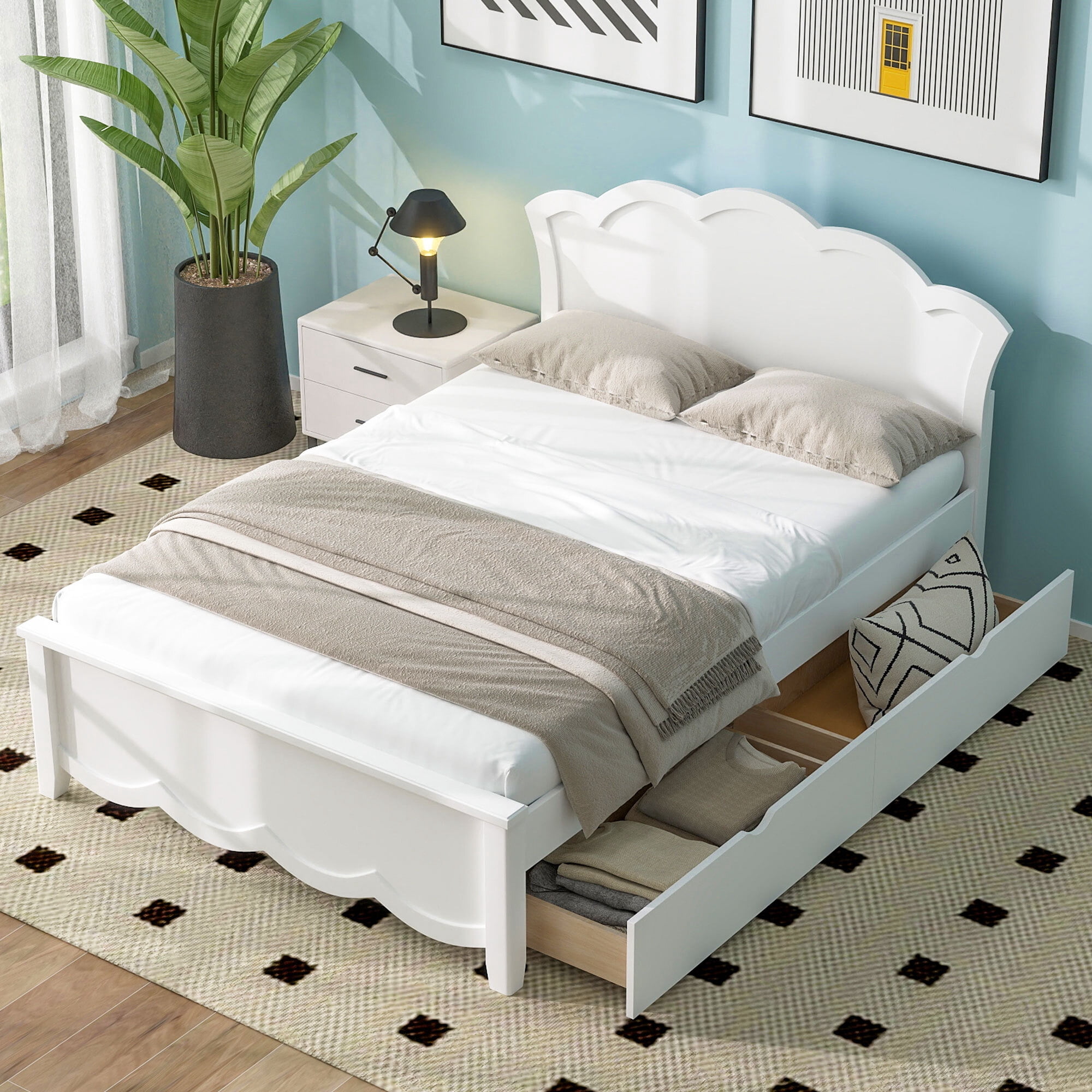 Euroco Wood Twin Size Platform Bed with 2 Drawers, White