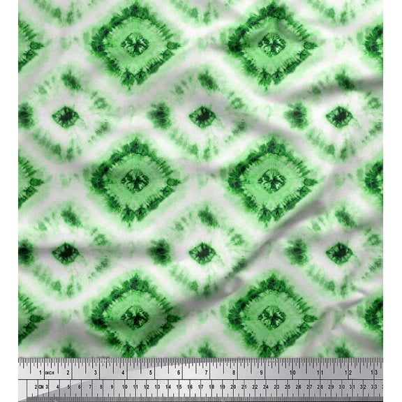 Soimoi Green Cotton Duck Fabric Diamond Tie-Dye Printed Fabric 1 Yard 44 Inch Wide