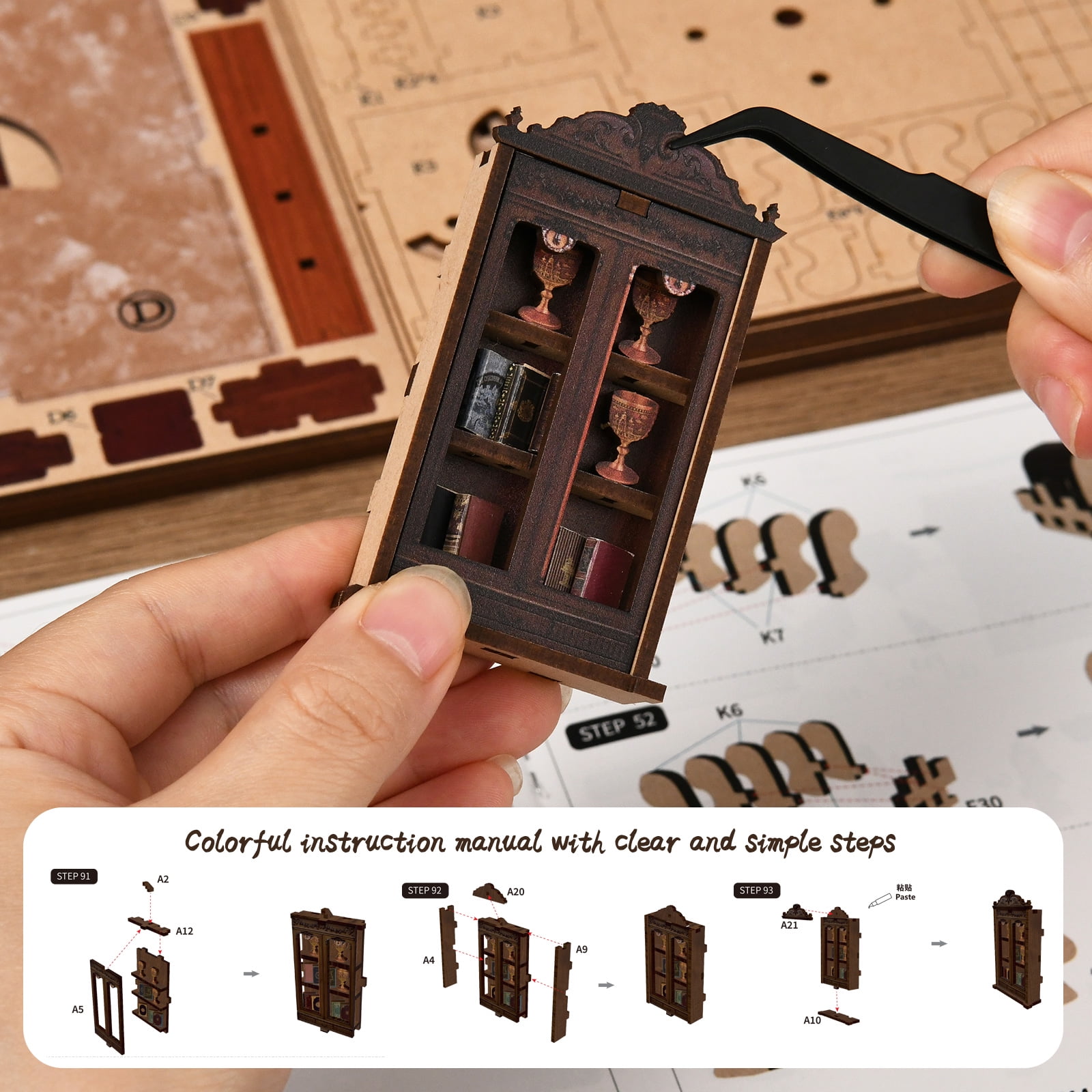 DIY Book Nook Kit – Wooden Miniature Library Scene with LED Light, Bookshelf Insert Decor, Relaxing Craft Kit for Adults & Teens, Ancient Rhyme Library