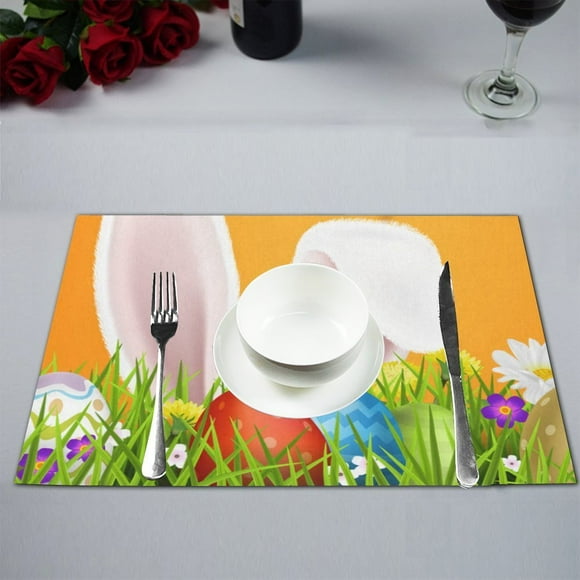 MYPOP Happy Easter Colorful Eggs Rabbit Kitchen Table Mat Placemats for Dining Table 12x18 inches