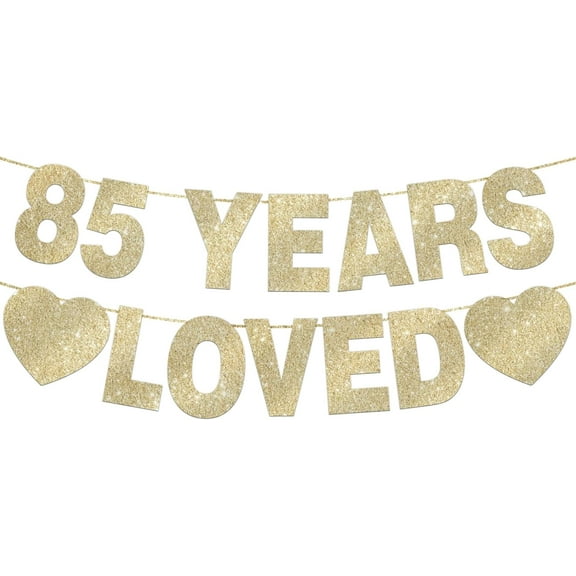 85 Years Loved Banner for 85th Birthday Decorations for Men Women Pre-Strung Birthday Banner Party Decorations Gold Glitter