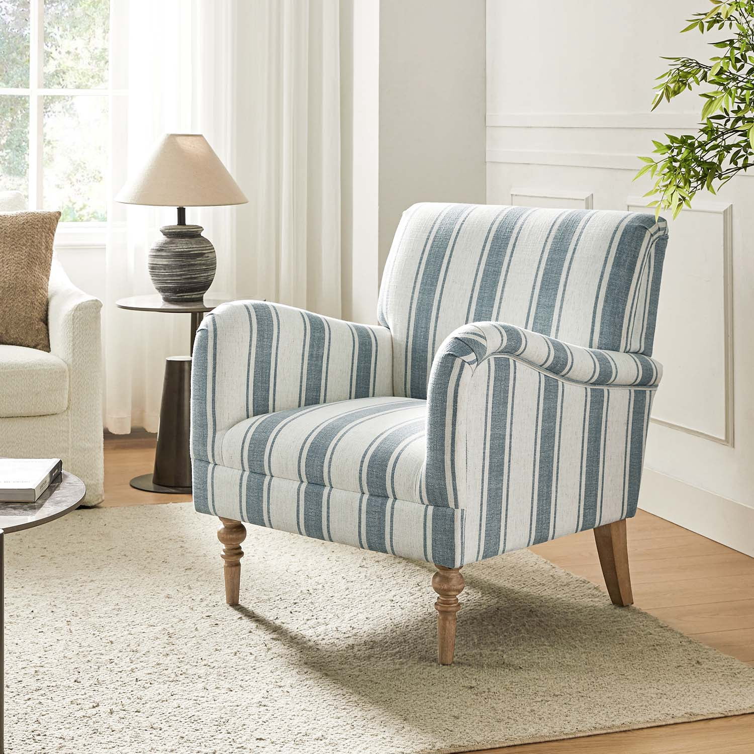 Stripe Armchair Upholstered Wooden Legs Accent Chair for Home Living Room Bedroom Adult Blue Stripe