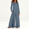thumbnail image 2 of QATAINLAV Jumpsuits for Women Casual Long Sleeve One Piece Baggy Romper Solid Color Crewneck Wide Leg Onesie Pants with Pockets, Blue, XXL, 2 of 9
