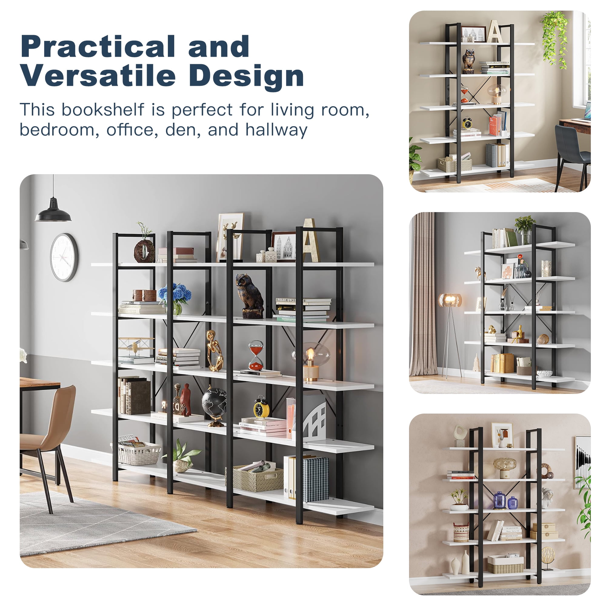 Demi Bonn 5 Tier Bookshelf, Bookshelves, Open Etagere Bookcase Shelf Storage Organizer, Free Standing Storage Shelving Unit for Bedroom, Living Room and Home Office, White & Black