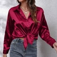thumbnail image 5 of Fouhkni Womens Satin Button down Shirts Dressy Casual V Neck Long Sleeve Tees Elegant Collared Tops, 5 of 8