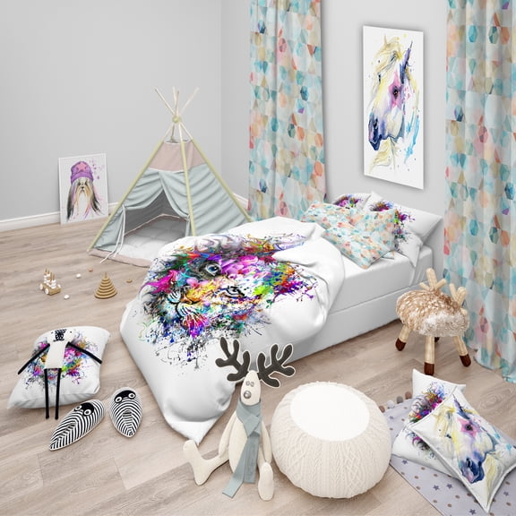 Designart 'Tiger Face in Colorful Splashes' Modern & Contemporary Duvet Cover Set