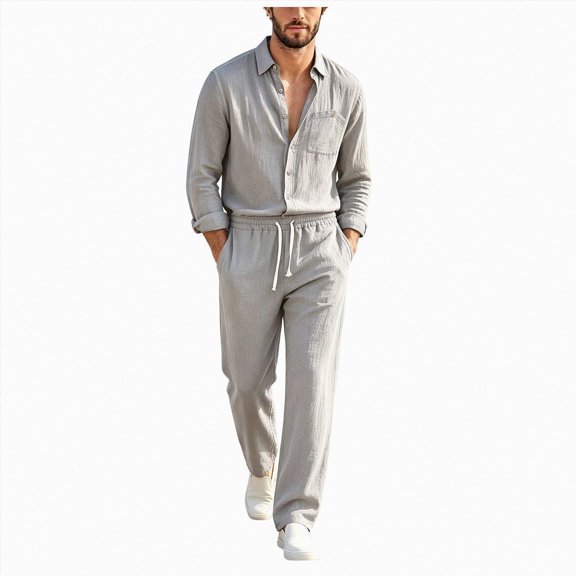 gibobby Men's 2 Piece Linen Suit Long Sleeve Button Down Shirt and Pants Sets Walking Suits (Grey,3XL)