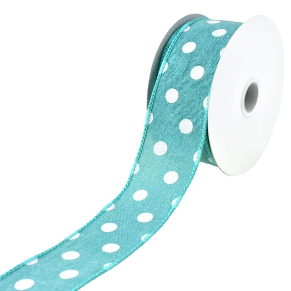 Polka Dots Stiff Faux Linen Wired Ribbon, 1-1/2-inch, 10-yard, Aqua