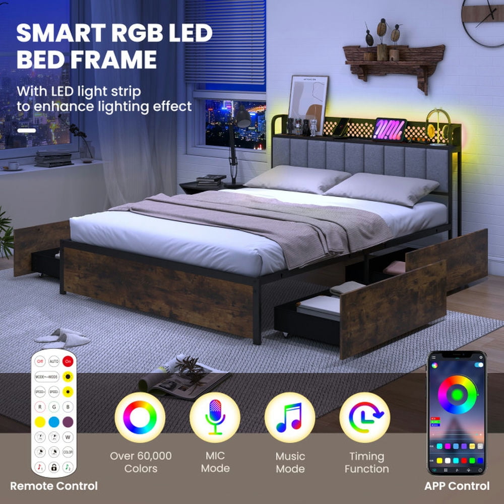 Yardi Yard Twin/Full/Queen Bed Frame with LED Lights Upholstered Headboard and 4 Storage Drawers-Full Size, Bed Frame