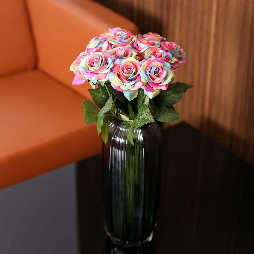 Rainbow Roses Artificial Flowers Artificial Roses Real Touch Rainbow Fake Roses Faux Flowers Floral Arrangement Bridal Bouquet for Wedding Decorations DIY Silk Flower Craft (Rainbow)
