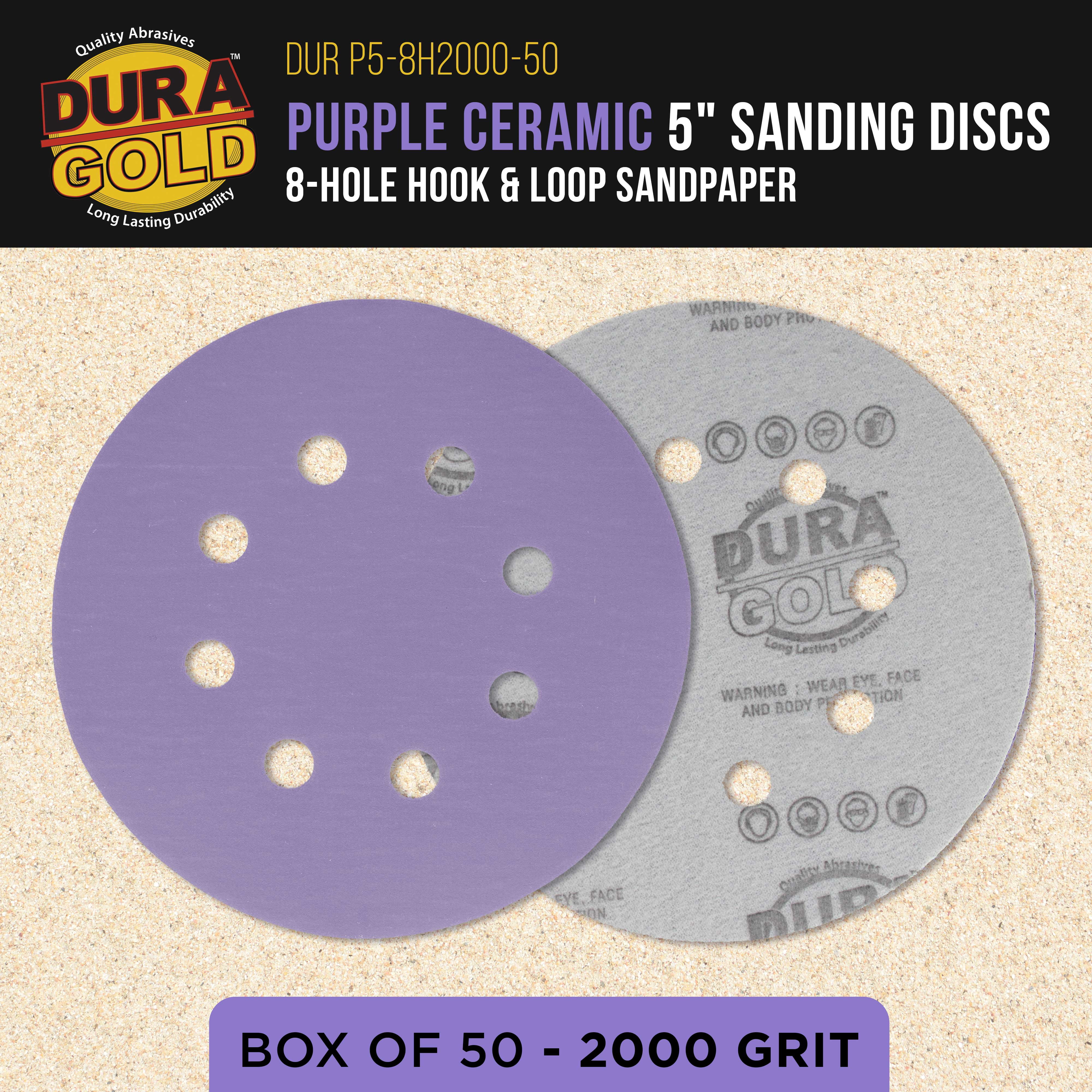 Dura-Gold 2000 Grit 5" Purple Film Ceramic Sanding Discs, 8-Hole Pattern, Box of 50 - Dustless Hook & Loop Backing Sandpaper for DA & Random Orbital Sanders - Detail Color Sand Auto Paint Wood