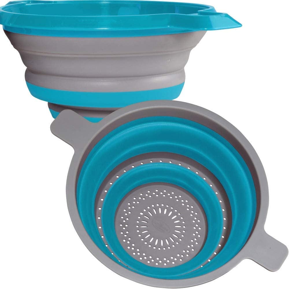 Kitchen Maestro Collapsible Colander and Strainer, Set of 2 Blue Collanders for Pasta, Fruits