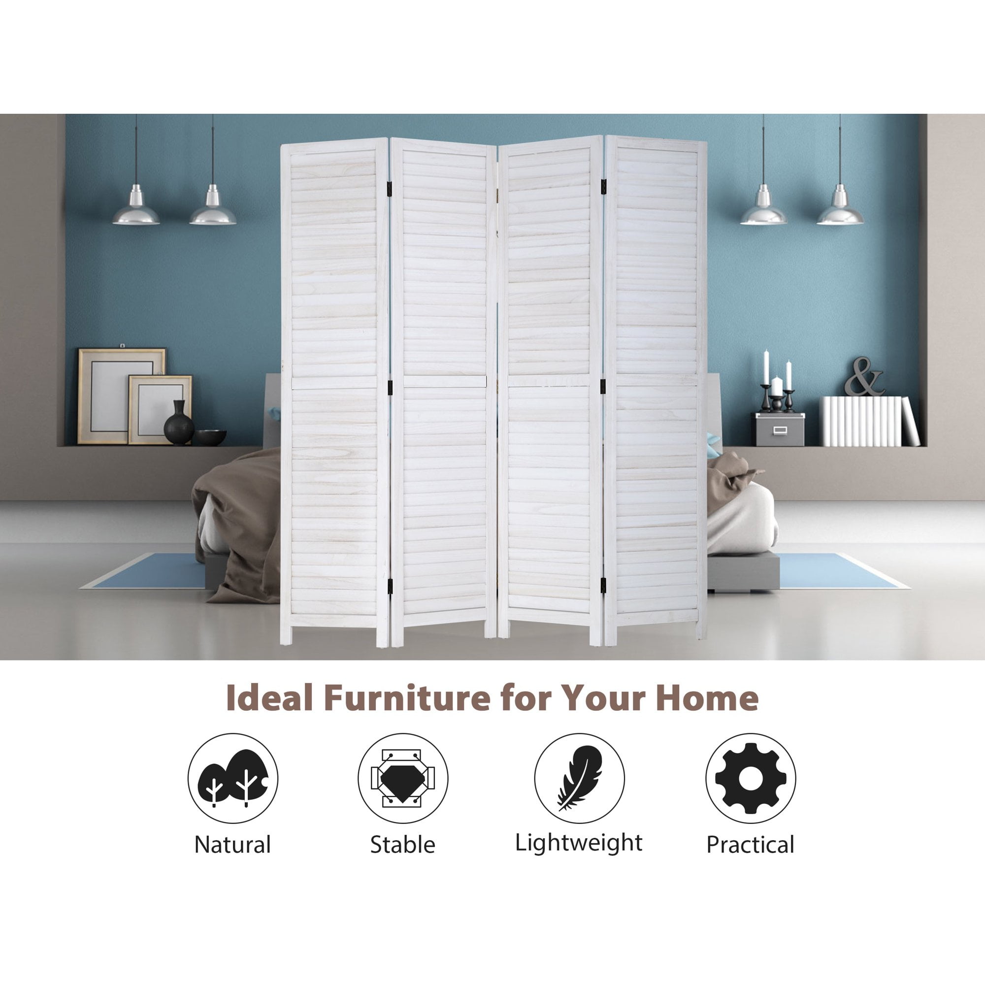 NiamVelo 4 Panel Wood Room Divider Folding Privacy Screen Freestanding Wall Divider for Home Office, White