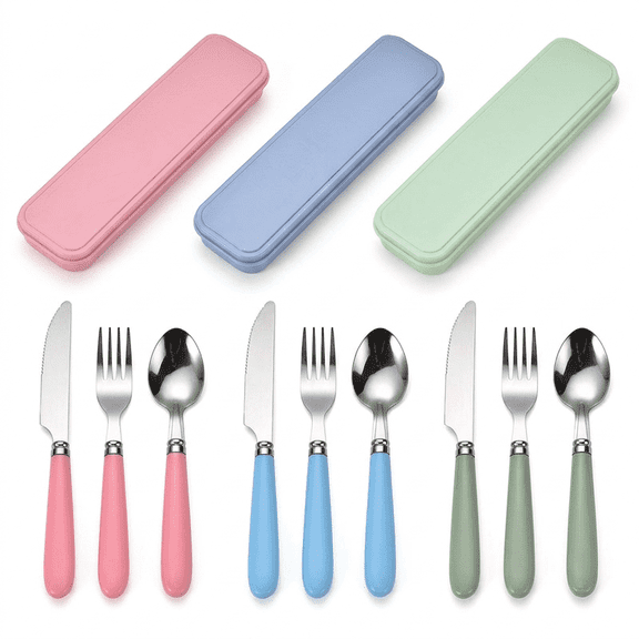 ROSEXIXI 3 Sets Stainless Steel Utensil Set with Portable Case Travel Cutlery Set for Lunch Box Camping