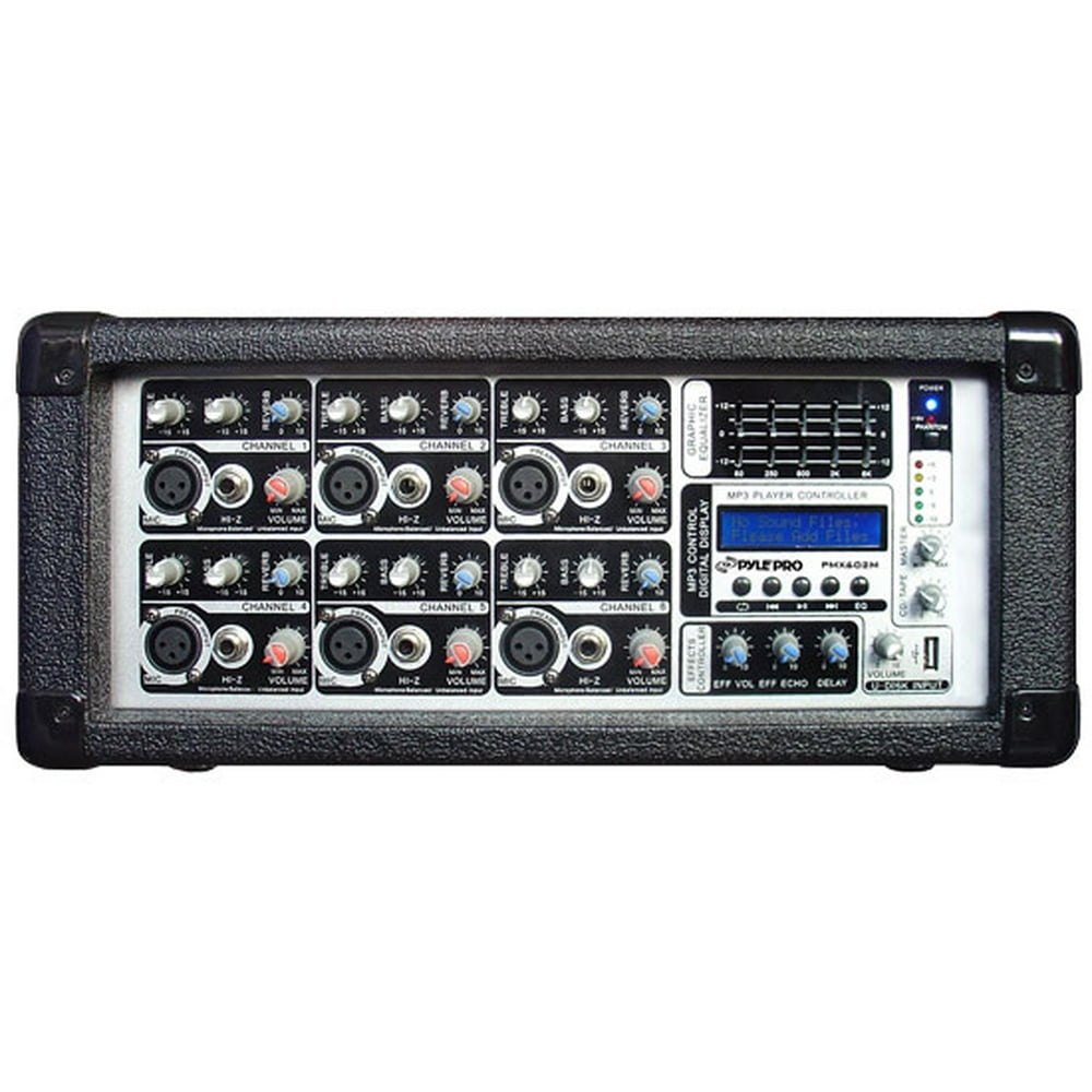 6Channel 600 Watt Powered PA Mixer/Amplifier with Audio Line (3.5mm) Input, USB/SD Card Readers