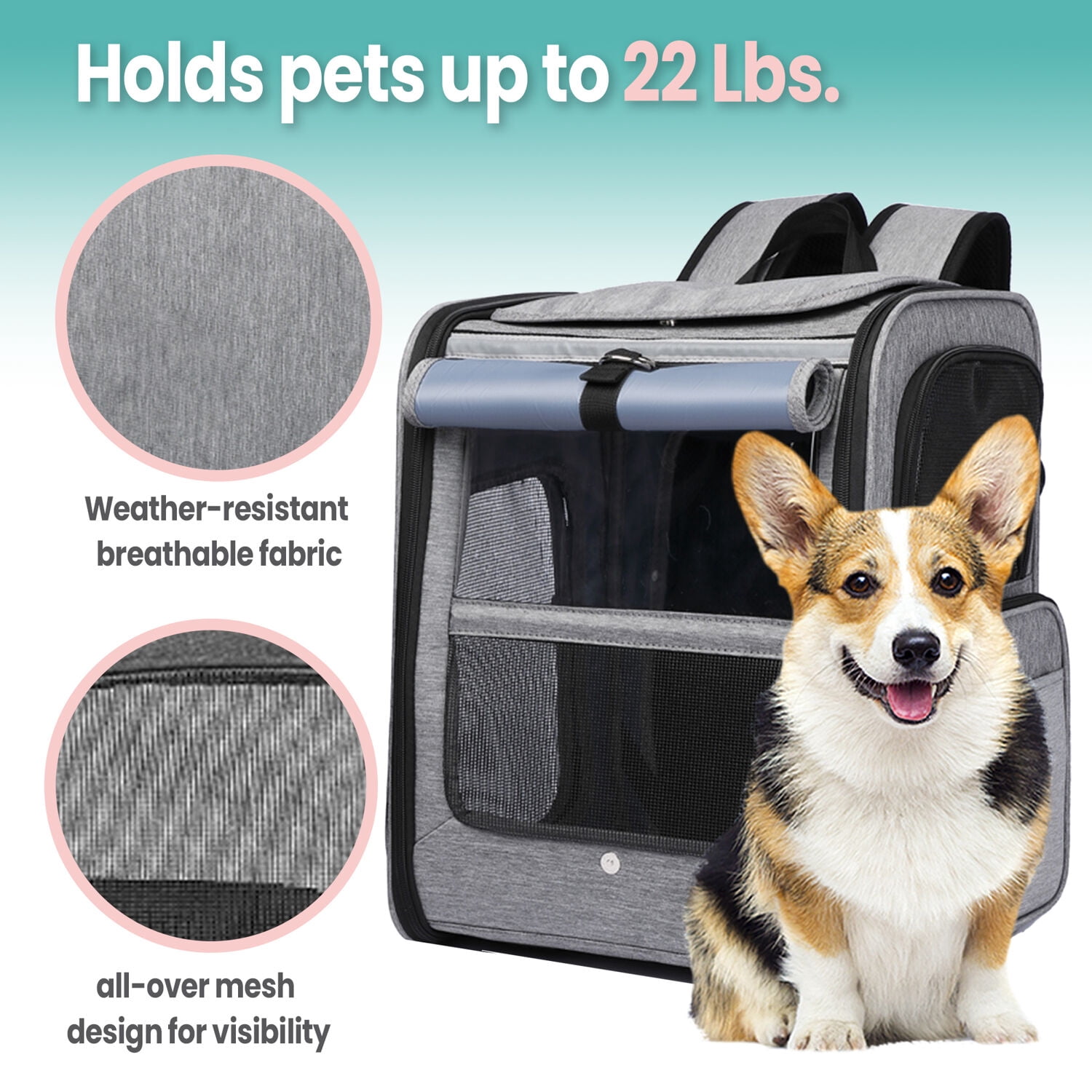 Critter Sitters Grey Pet Backpack for Small Dogs, Cats with Scratch Resistant Breathable Mesh Windows | Airline Carry-On Approved | Safety Leash | Storage Pockets | Durable Transporation for Animals