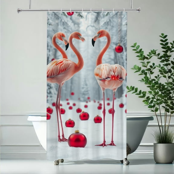 RKSupls Shower Curtain, Christmas Snow Flamingo Polyester Shower Curtain with Hooks for Chic Elegant Home Bathtub Bathroom Decor Washable Curtains