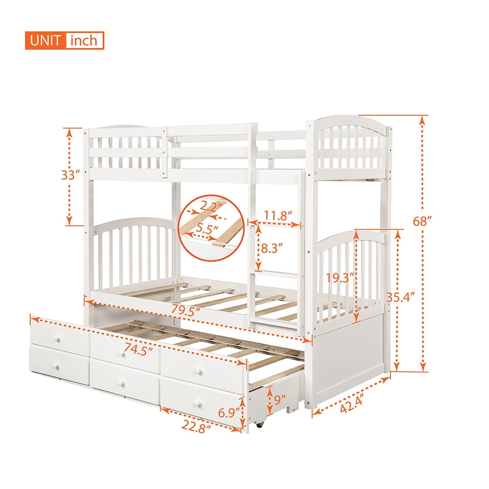 Twin Bunk Beds with Trundle and Ladder, Twin Loft Beds with 3 Drawers for Kids, White