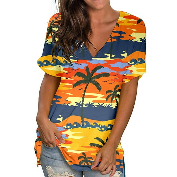 ALLLIST Womens Tops V Neck Plus Size Short Sleeve T-Shirts Yellow Cotton Hawaiian Trendy Shirts Clothing for Women