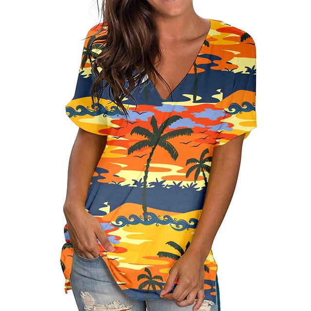 Hauts d'Été Grande Taille pour Femmes, T-Shirts Décontractés à Col Rond Imprimé, Manches Courtes, Blouse Ample, T-Shirt à Col en V pour Femmes en Liquidation