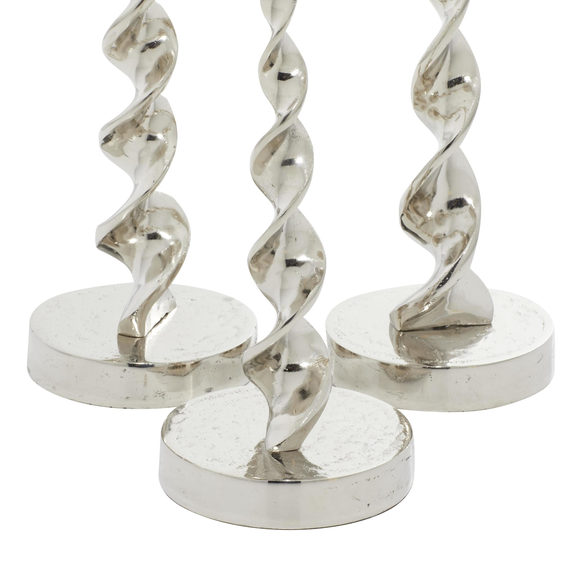 DecMode Aluminum Coastal Barley Twist Designed Candleholder Set of 3, 19", 16", 13" H, with High Gloss Silver and Slight Distressed Finish