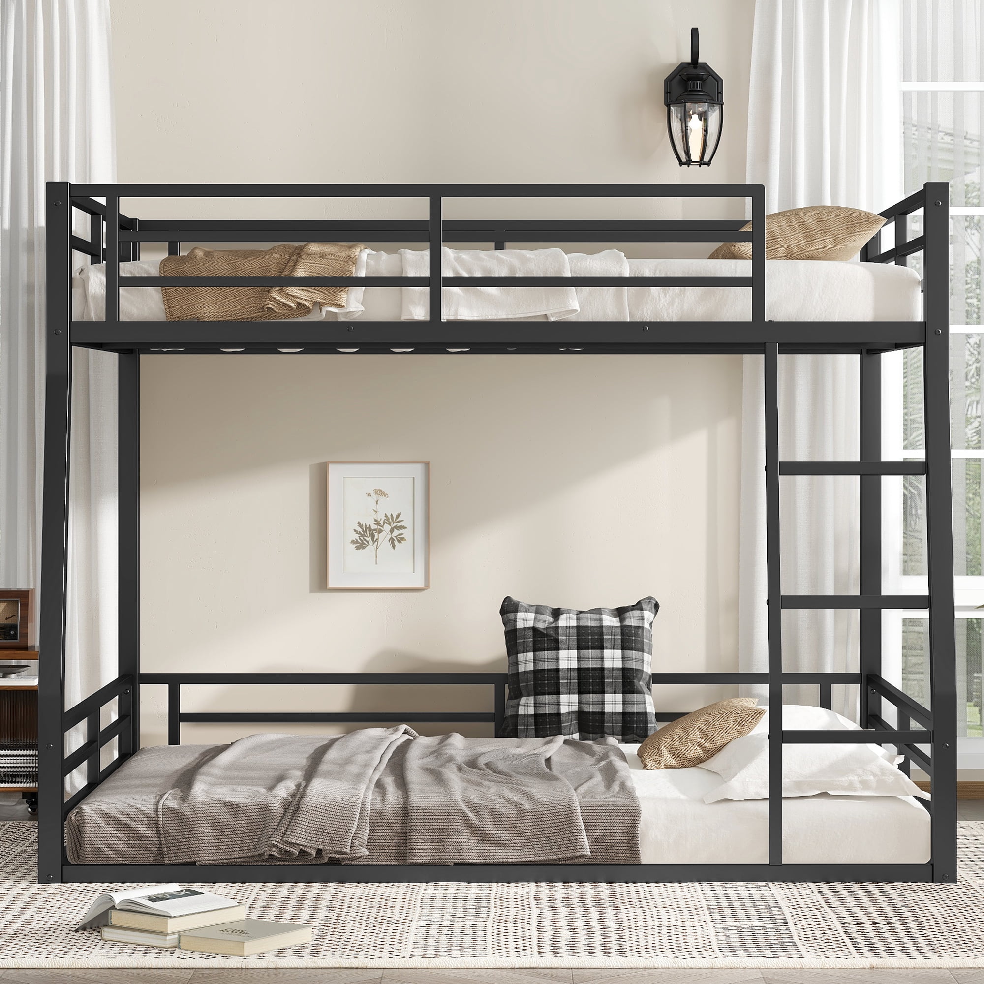 Leumius Metal Bunk Bed,Full XL over Queen Floor Bunk Bed Frame for Kids/Teens/Adults,Space-Saving/Noise Reduced/No Box Spring Needed,Black