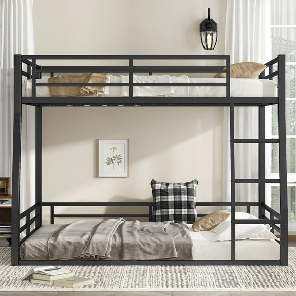 QZYeYun Full Over Queen Size Bunk Bed, Metal Low Profile Bunkbeds with Full-Length Guardrail and Ladder, Space Saving, No Boxing Spring Needed