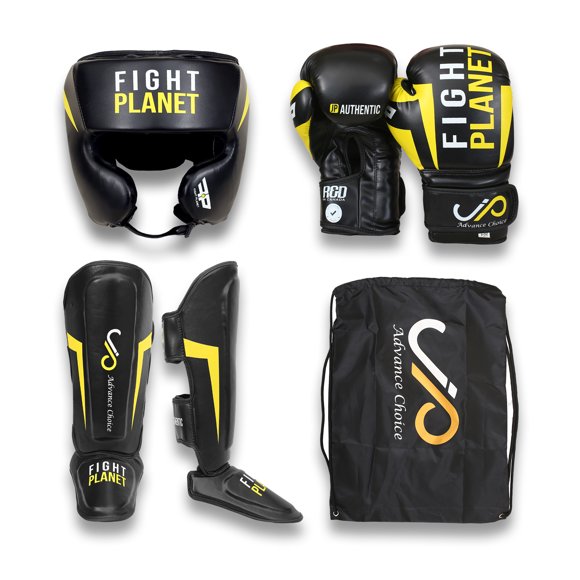 Fight Planet Boxing Set with Bag - 4 Pcs Boxing Set Including Boxing Helmet, Gloves Boxing, Shin Instep and Bag for Kids (S with 8oz Glove, Black/Yellow)